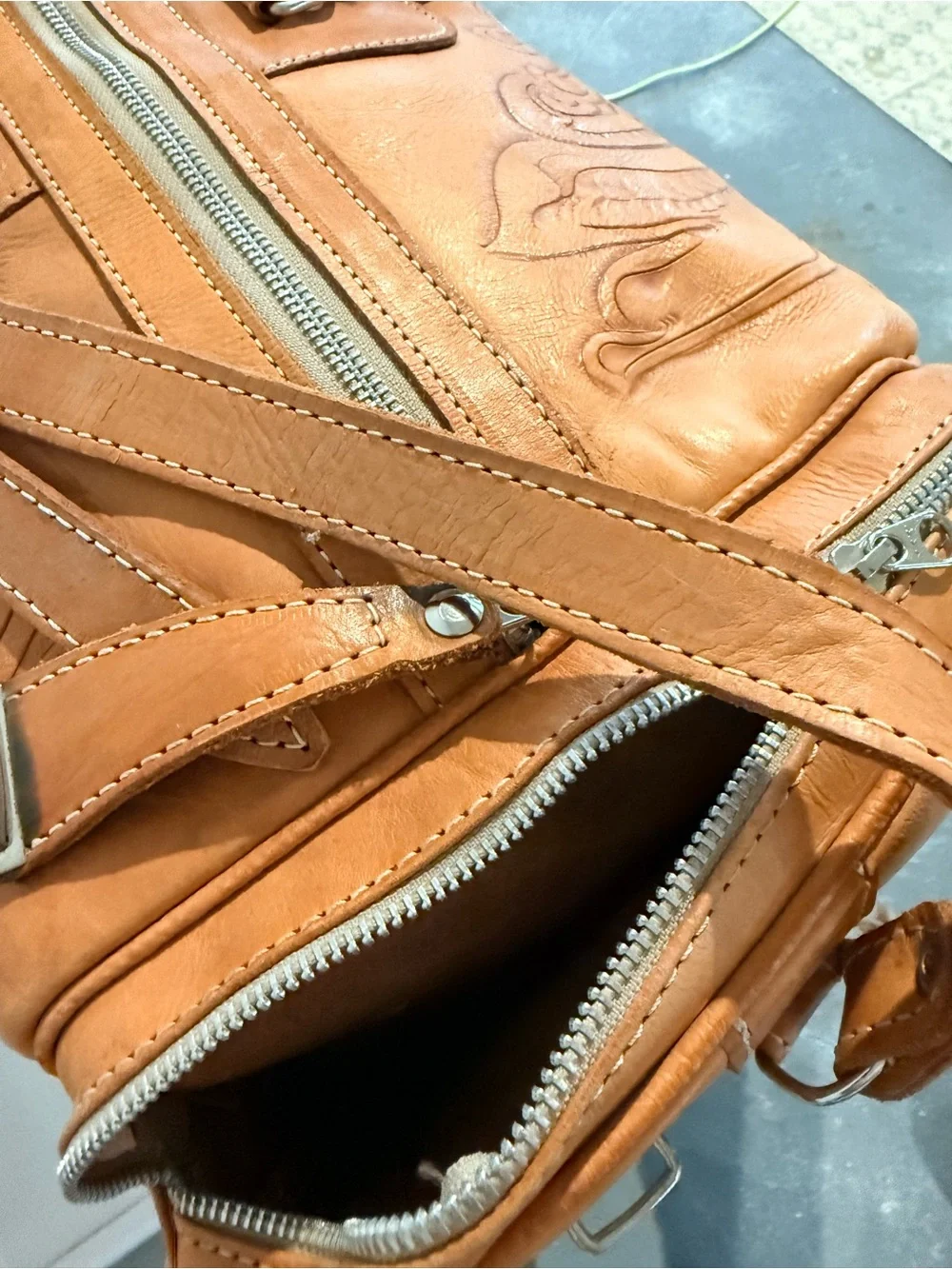 Vintage Leather Tooled Travel Duffel Bag